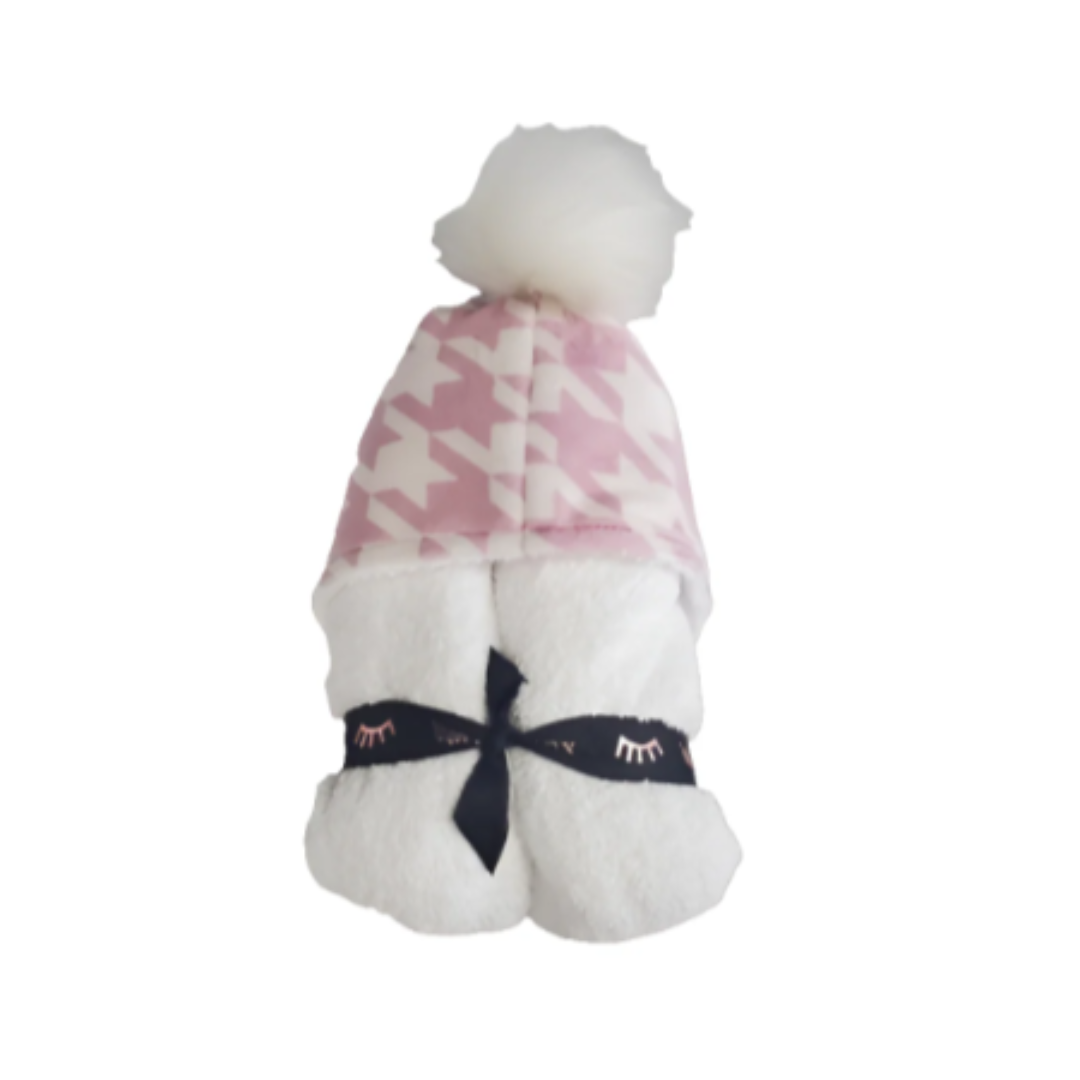 HOUNDSTOOTH MAUVE POMPOM HOODED TOWEL