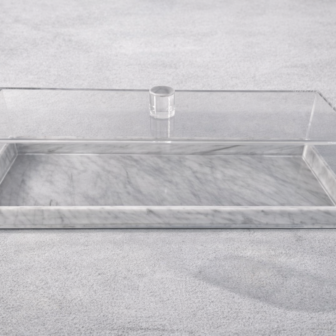 RIVELLA ACRYLIC TRAY W/ DOME – GRAY MARBLE 15X5.75