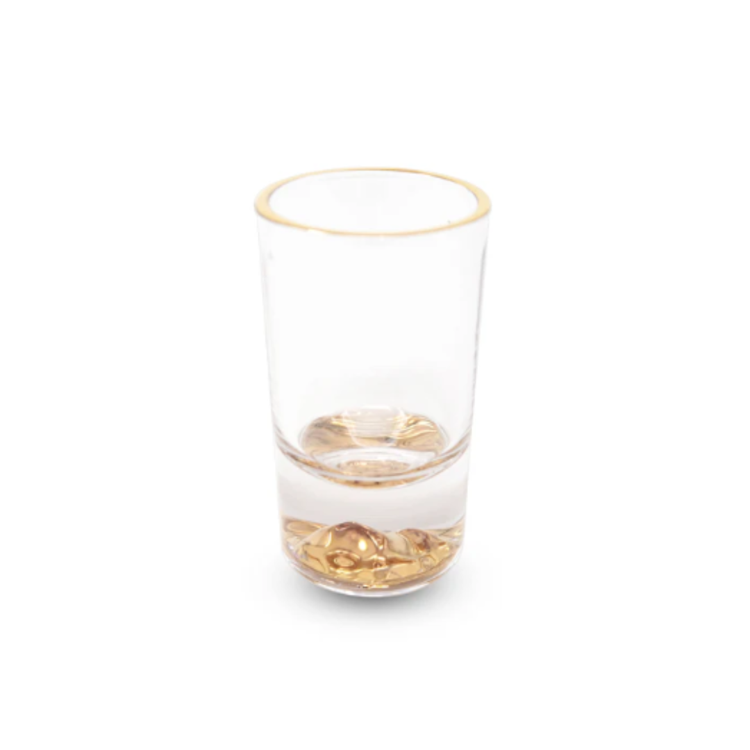 SET OF 6 LIQUOR GLASSES W/ GOLD RIM & GOLD REFLECTION BASE