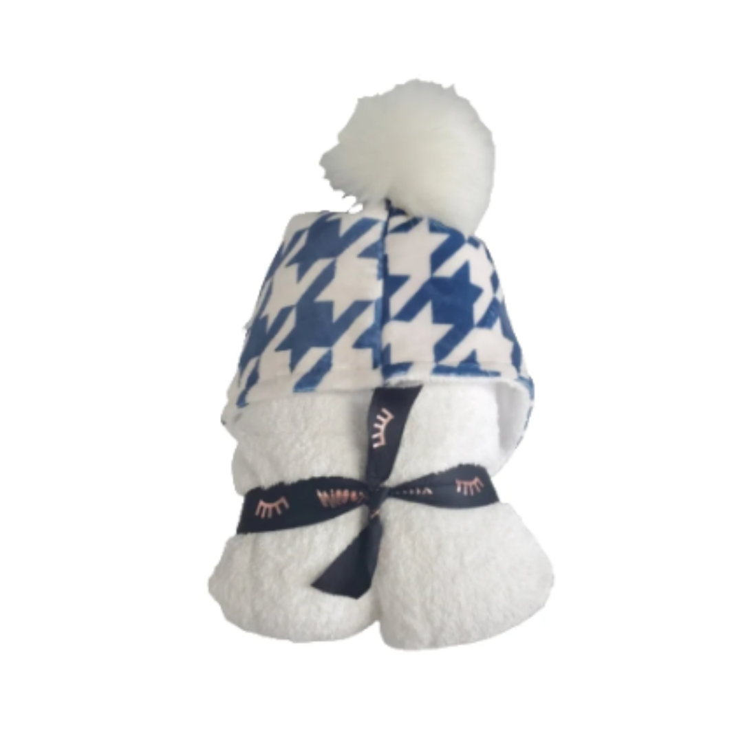 HOUNDSTOOTH COBALT POMPOM HOODED TOWEL