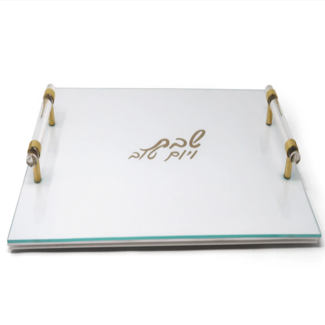 LEATHER CHALLAH BOARD SILVER PRINT ACRYLIC HANDLE