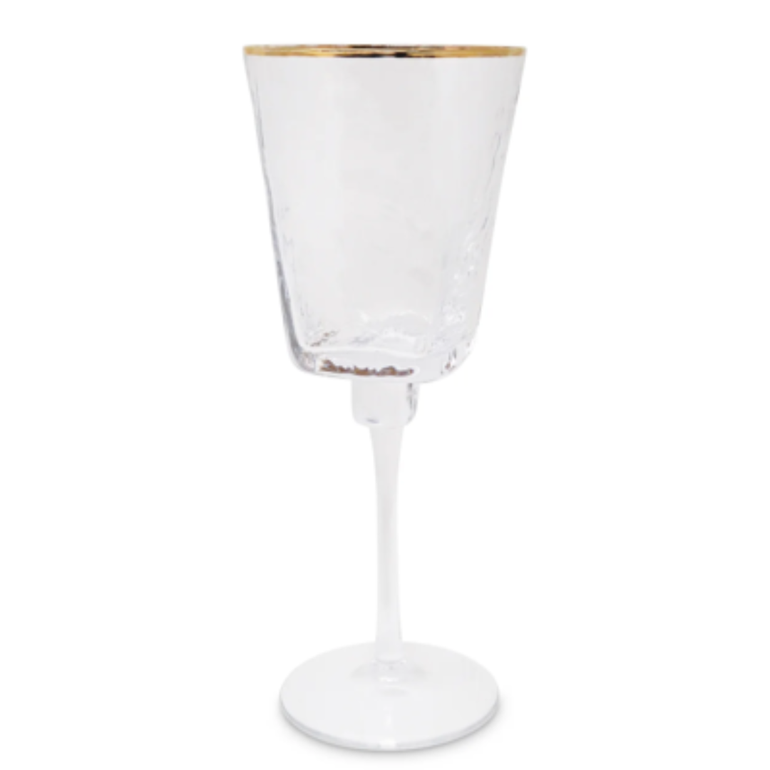 6 HAMMERED WINE GLASSES SQUARE SHAPED GOLD RIM