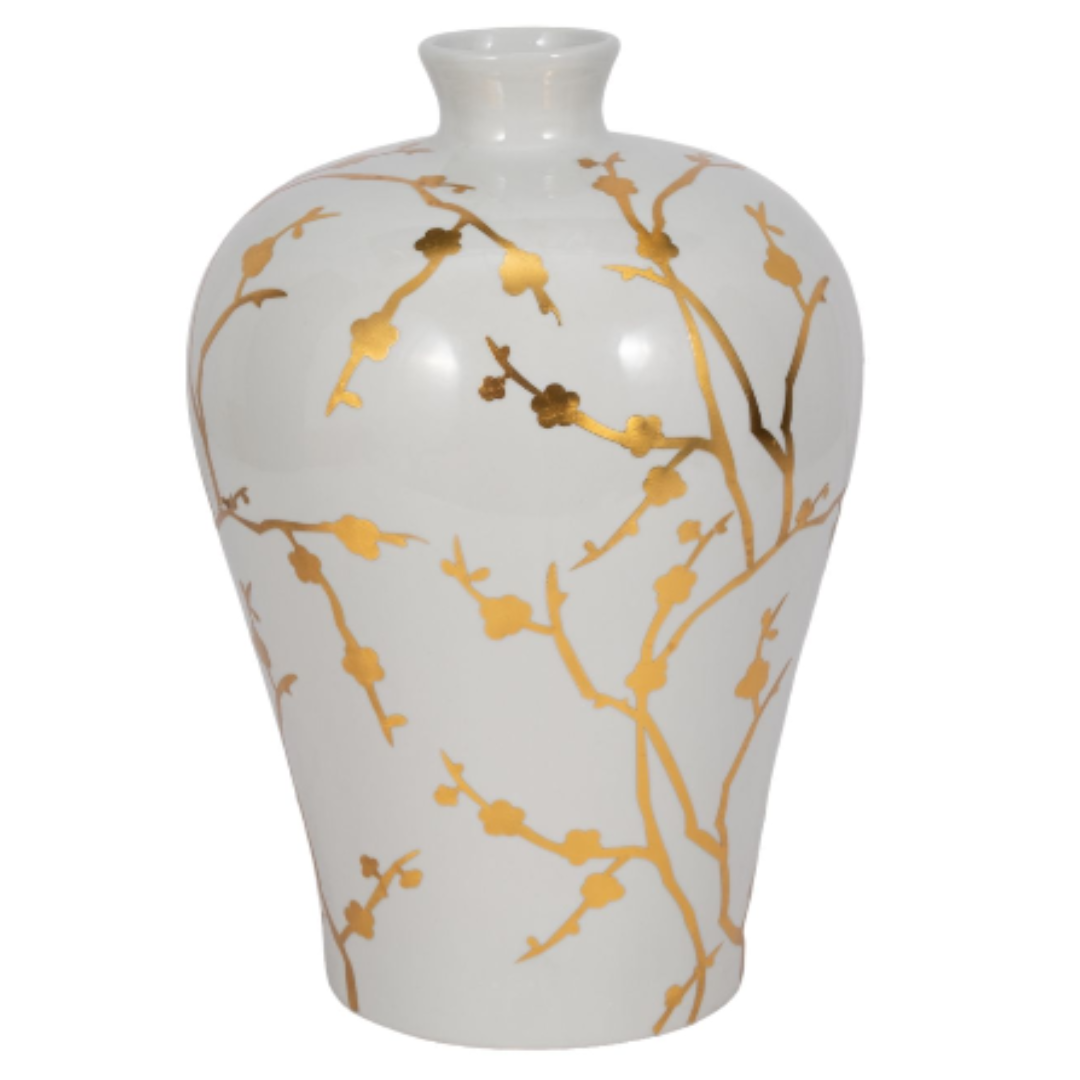 CERAMIC CHINOSERIE FLORAL DECORATIVE VASE- WHITE, 15 IN.