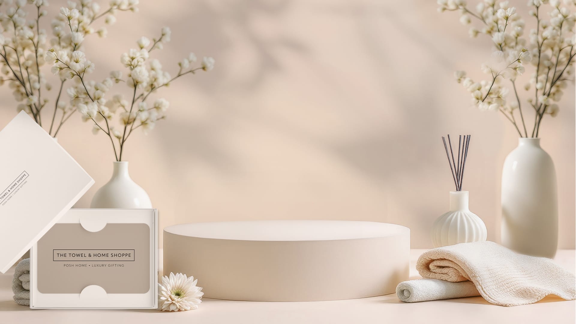 Product display with towels, a box, and decorative elements on a neutral background