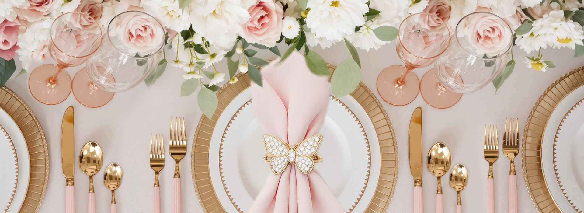 Elegant table setting with floral arrangements, pink napkins, and gold cutlery on a white tablecloth.