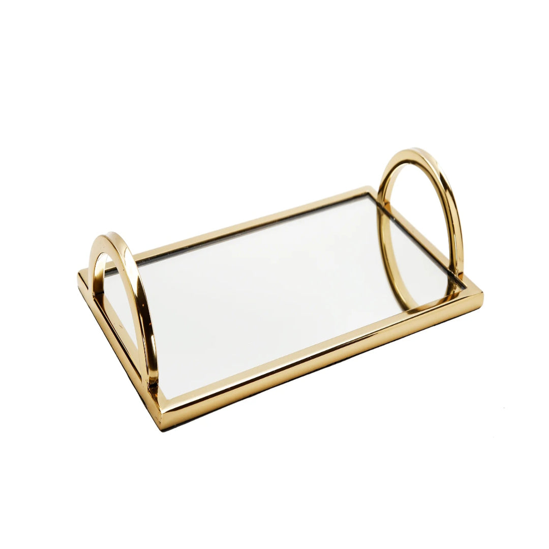 RECTANGULAR MIRROR TRAY WITH HANDLES - GOLD - 12'' X 7'' X 2''