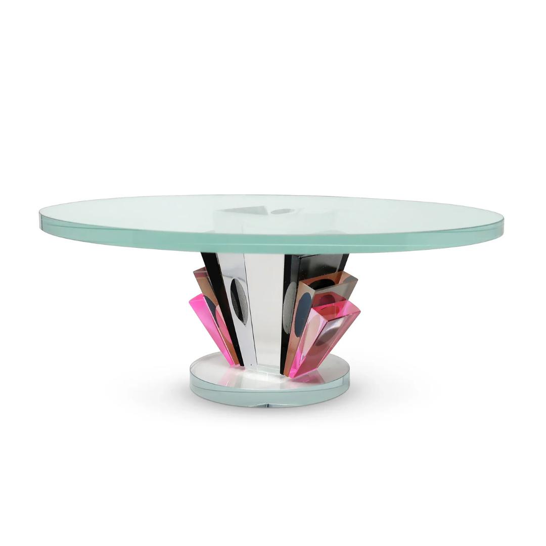 CRYSTAL CAKE STAND W/ COLORED BASE - PINK/AMBER/SMOKED