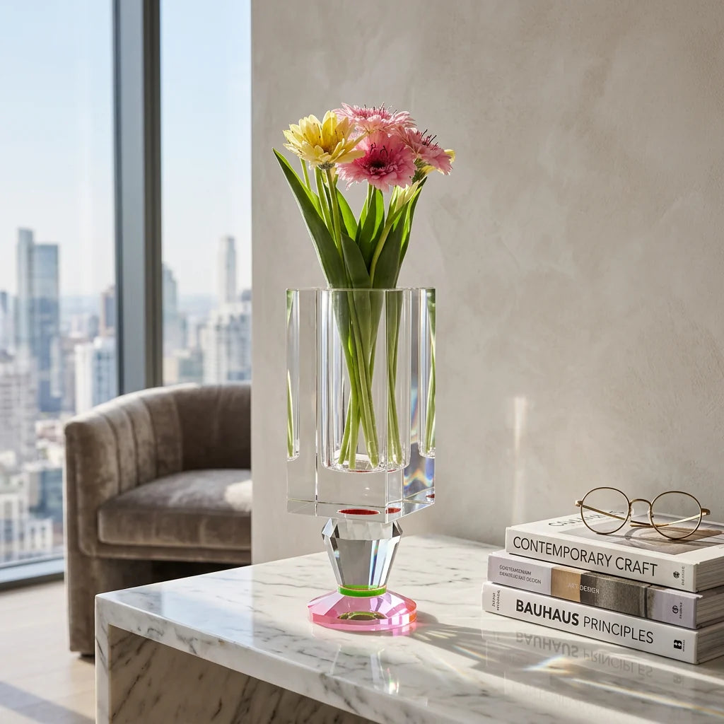 CRYSTAL GLASS VASE PINK BASE