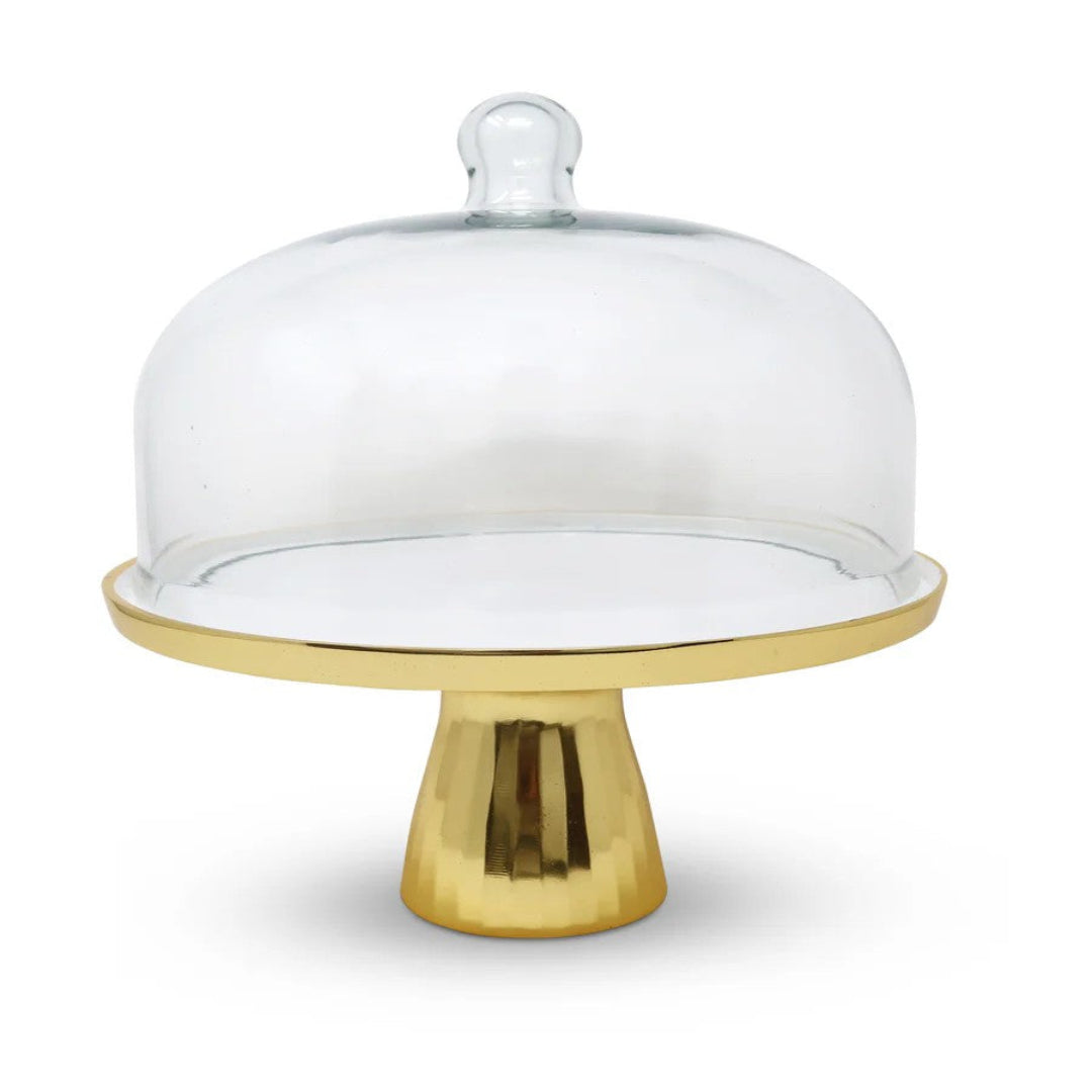 GLASS CAKE DOME GOLD DESIGN W GOLD LEG
