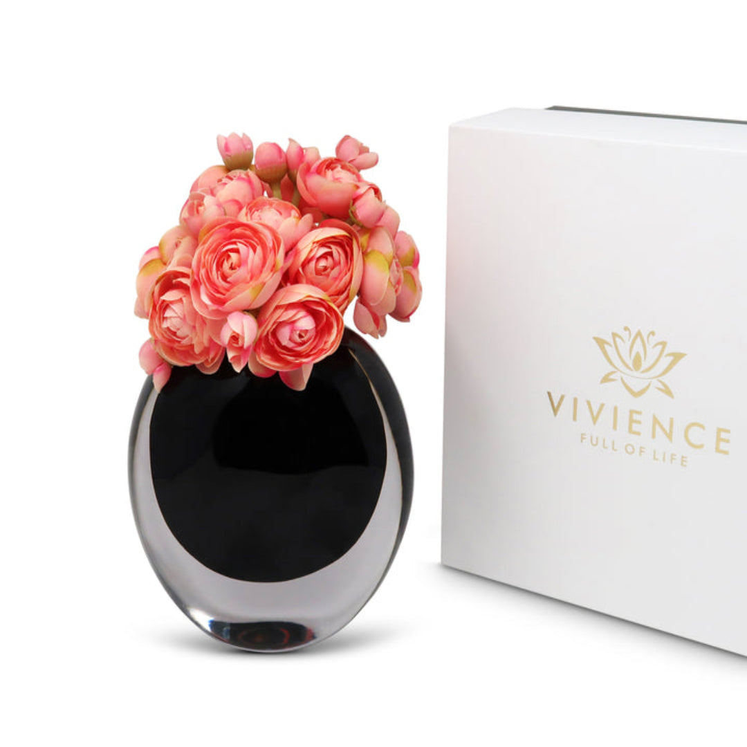 DOUBLE WALL GLASS VASE WITH PINK FLOWERS