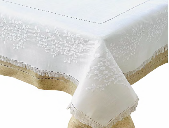 WHITE FRAYED EDGE & HEMSTICHED BUNCH FLOWERS TABLECLOTH