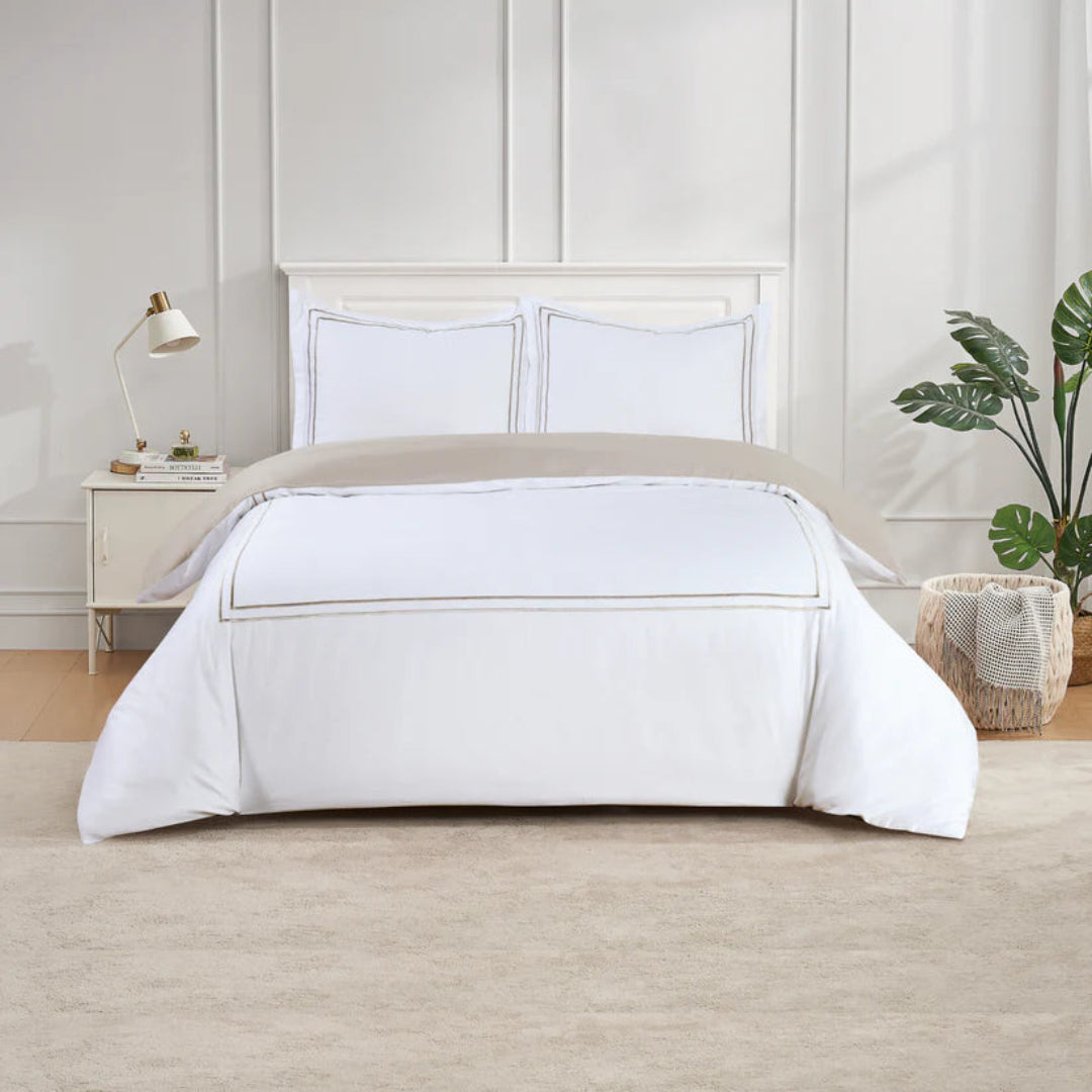 MADISON FLORA HOTEL COLLECTION - WHITE WITH TAUPE EMBROIDERY