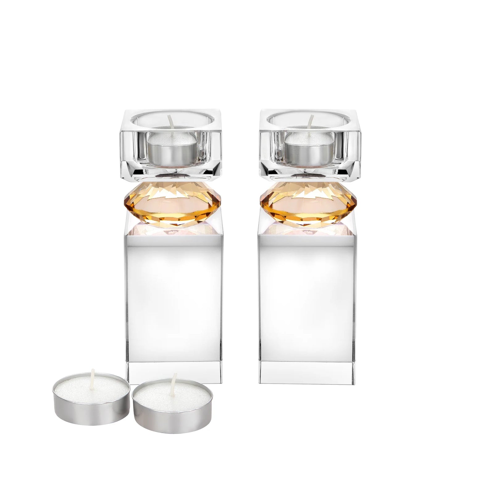 SET OF 2 TALL TEA LIGHT CANDLE HOLDERS WITH DIAMOND ON FOOT