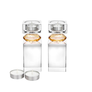 SET OF 2 TALL TEA LIGHT CANDLE HOLDERS WITH DIAMOND ON FOOT