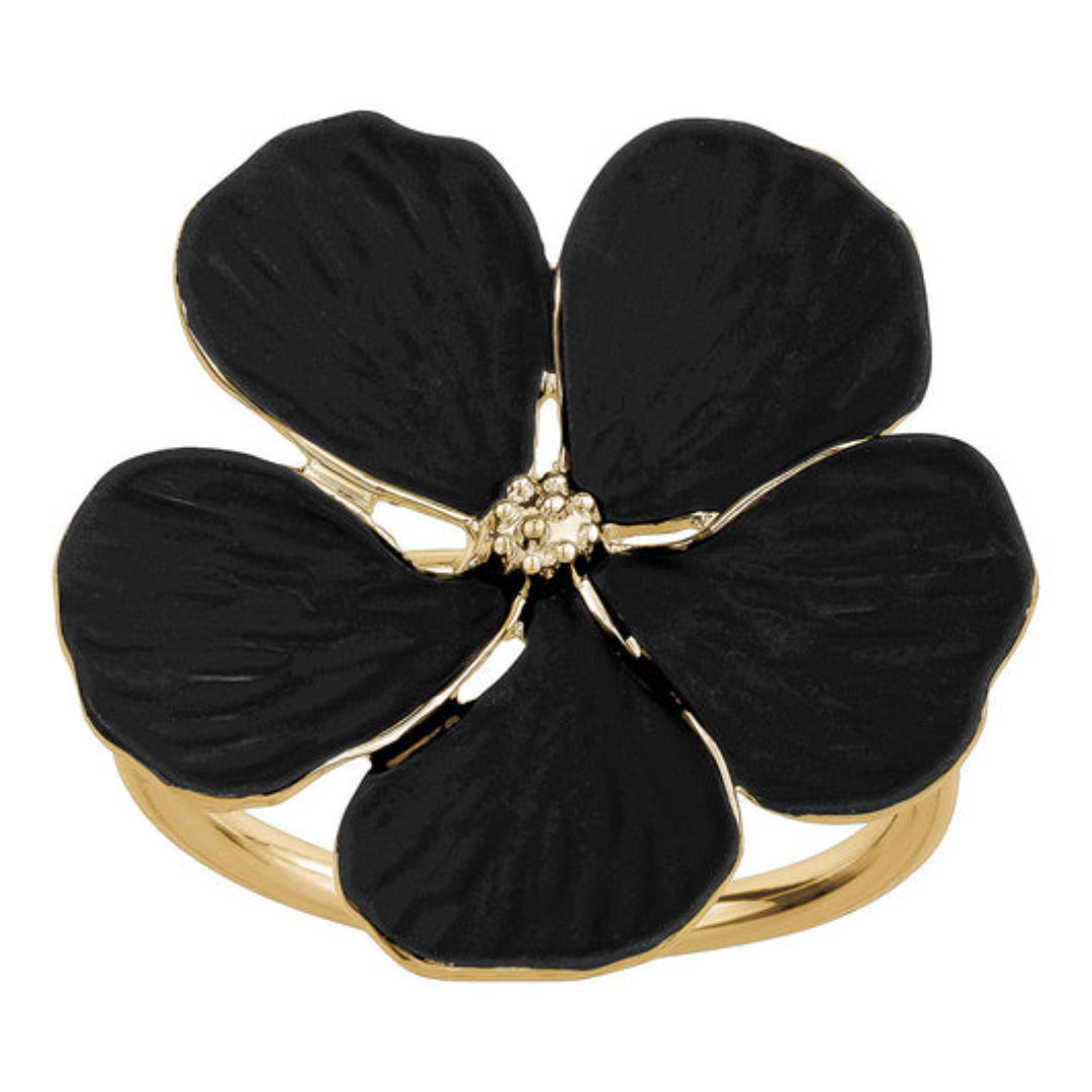 BLACK FLOWER W/ GOLD NAPKIN RINGS