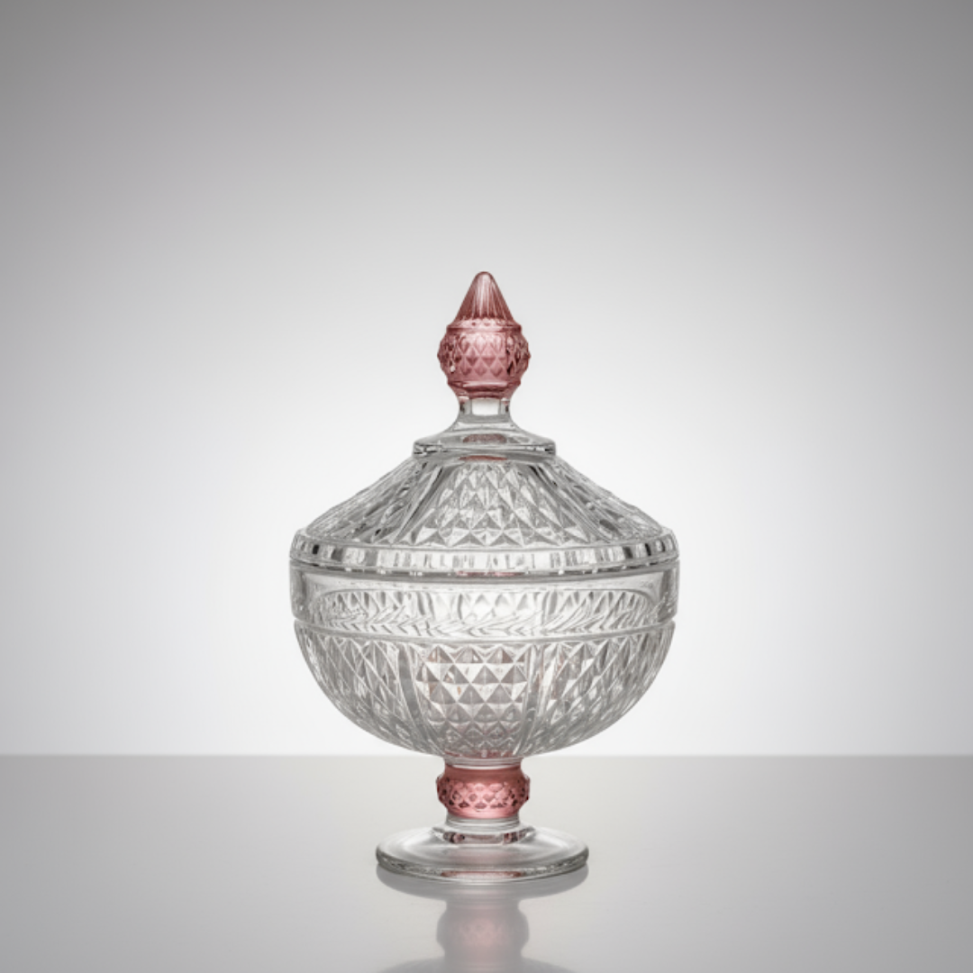 FOOTED GLASS JAR W/ DIAMOND CUT - LEG AND KNOB