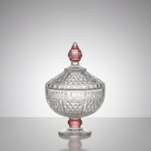 FOOTED GLASS JAR W/ DIAMOND CUT - LEG AND KNOB