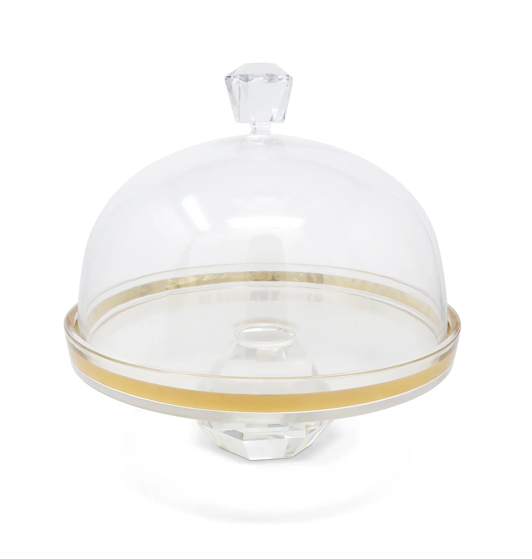 GLASS CAKE DOME GLD DESIGN W GOLD LEG