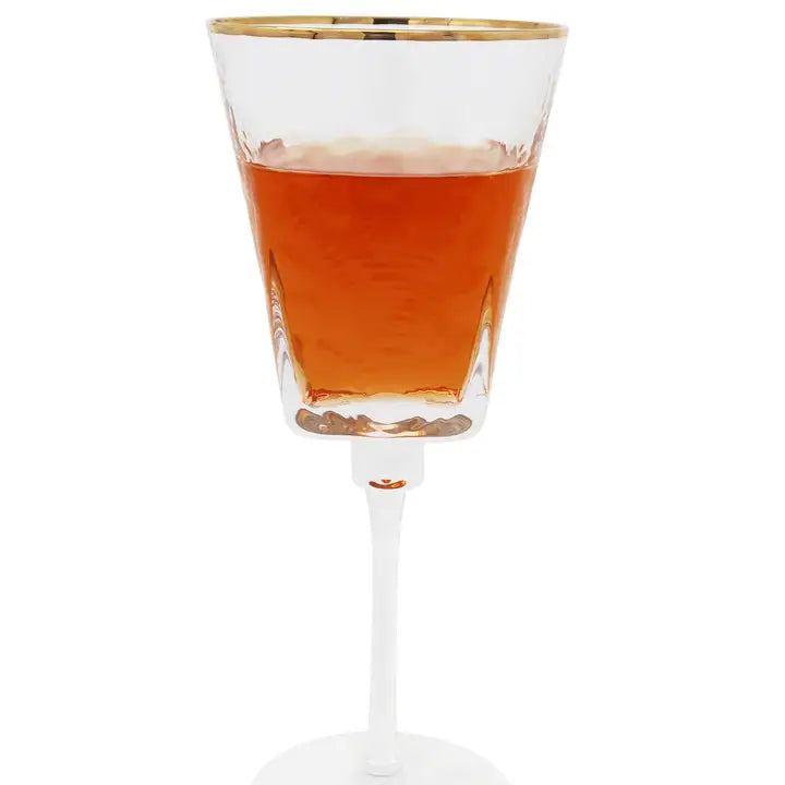 6 HAMMERED WINE GLASSES SQUARE SHAPED GOLD RIM