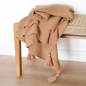 TEXTURED RAISED STRIPES RIB KNIT THROW BLANKET WITH TASSELS 50X60