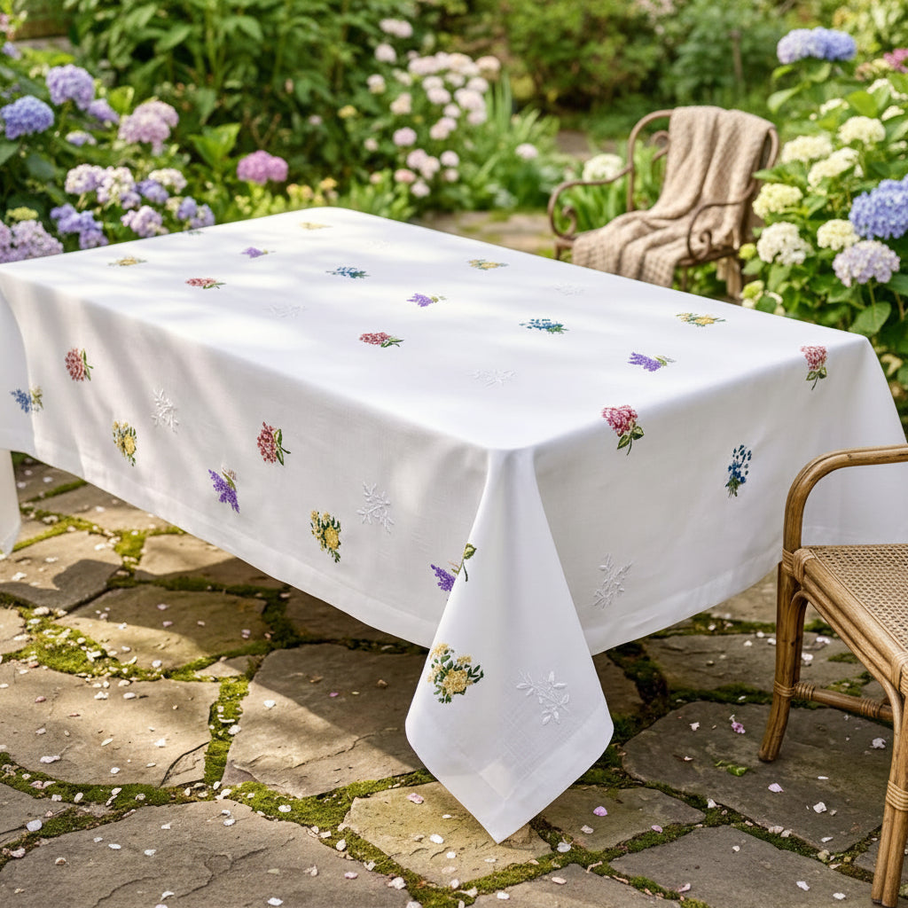 K&K EMBROIDERED & SCATTERED WILDFLOWERS TABLECLOTH