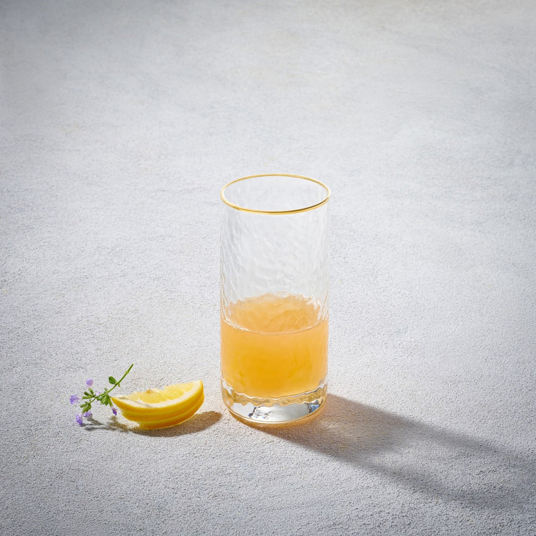 HAMMERED HIGHBALL GLASS GOLD RIM 10 OZ 6 PACK