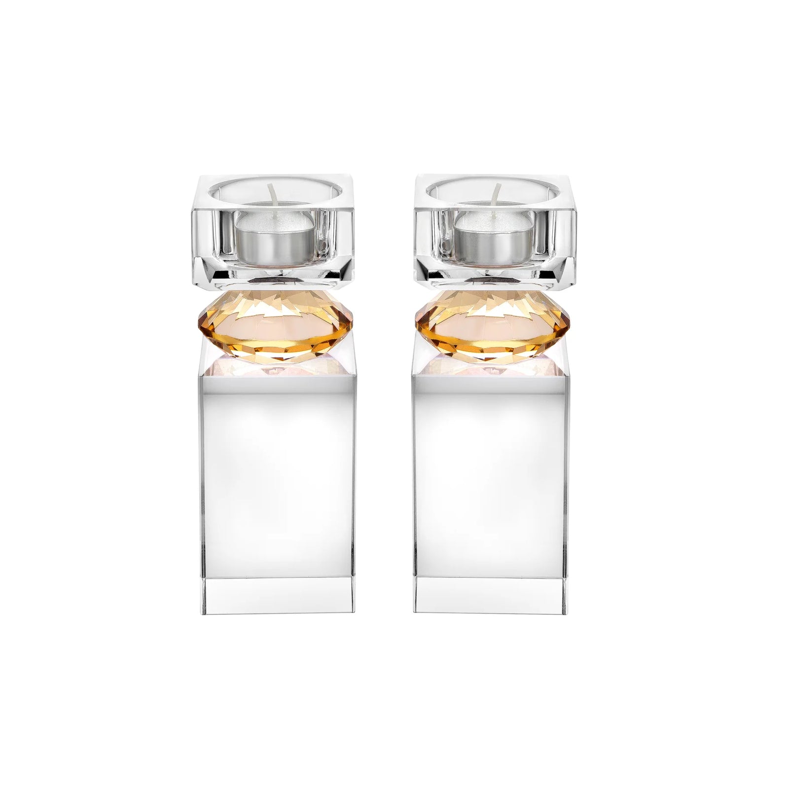 SET OF 2 TALL TEA LIGHT CANDLE HOLDERS W/ AMBER DIAMOND ON FOOT