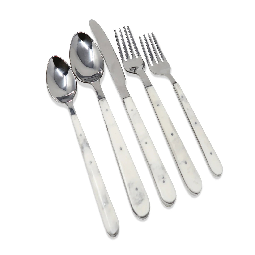 20 PC. FLATWARE SET WITH DOTS ON HANDLES SLVR/WHITE MARBLE