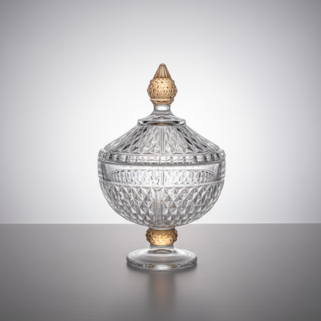 FOOTED GLASS JAR W/ DIAMOND CUT - LEG AND KNOB