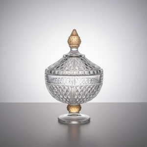FOOTED GLASS JAR W/ DIAMOND CUT - LEG AND KNOB