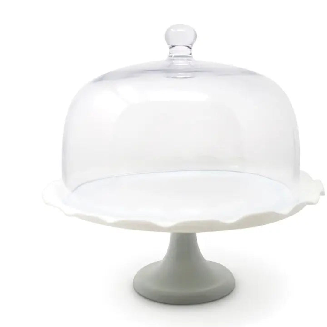 WHITE SCALLOPED CAKE STAND WITH GLASS DOME