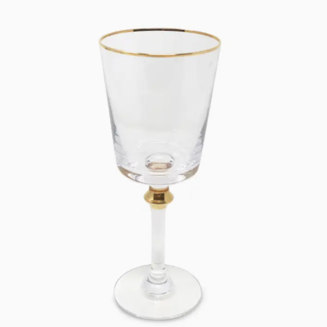 WATER GLASS ON STEM WITH GOLD RIM 6 PCK